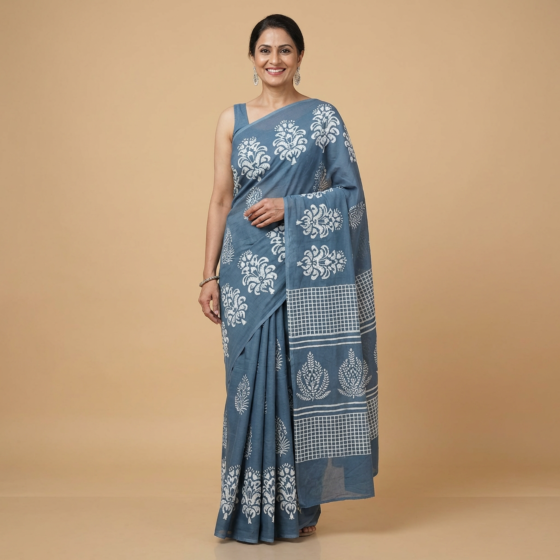 Handblock Print Grey Cotton Saree with Blouse