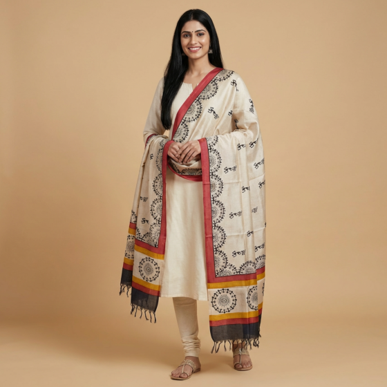 Handwoven Tussar Silk Beige Dupatta