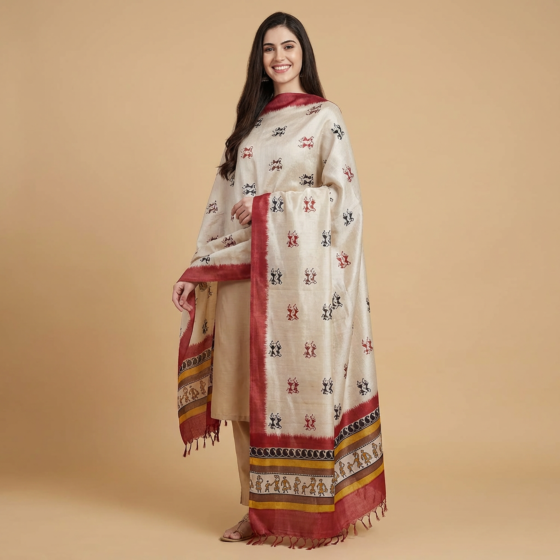 Handwoven Tussar Silk Beige Dupatta