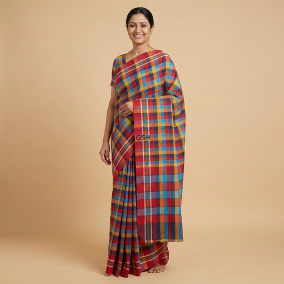 Handloom Checkered Mutlicolour Gamcha Saree with Blouse