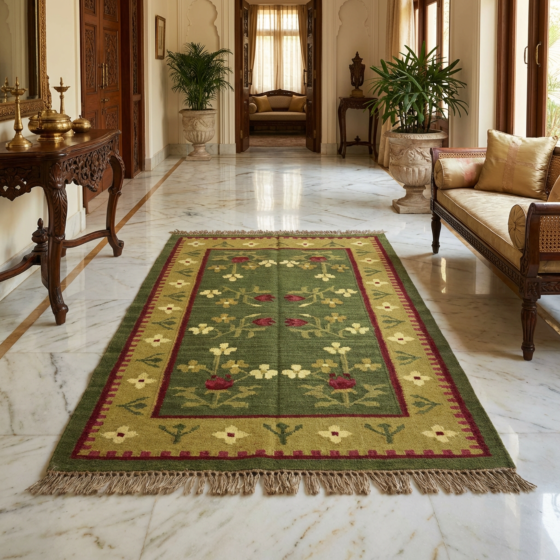 Handwoven Tana-Bana Green Rug | 8x5 Feet