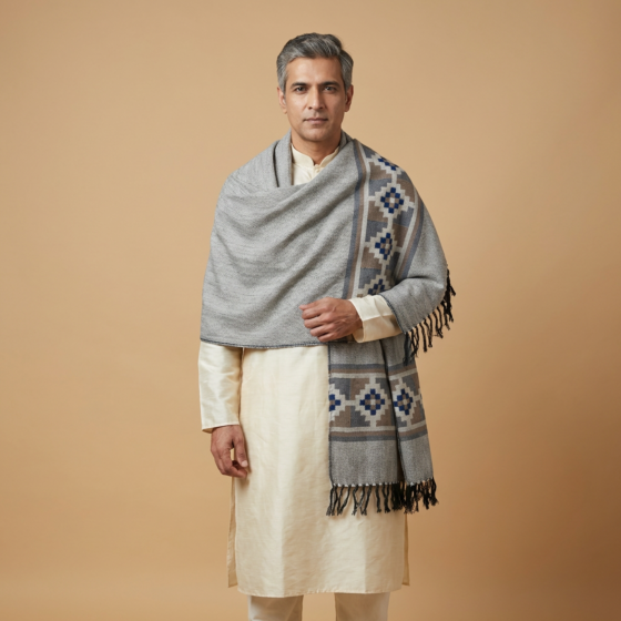 Handwoven Kullu Woollen Shawl for Men | Grey