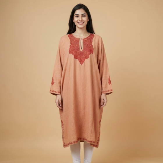 Handloom Embroidered Woollen Kurta | Rust | Free Size