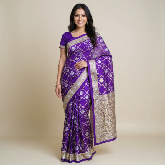 Satin Jangla Saree with Gold and Silver tested zari-Blue-Onesize