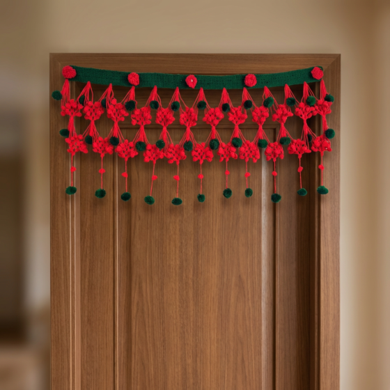Handwoven Door Hanging-Red and Green Woolen Toran|35X10 cms