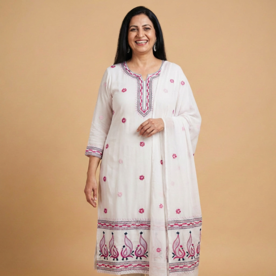 Hand-Embroidered Crepe Suit Material with Dupatta | White