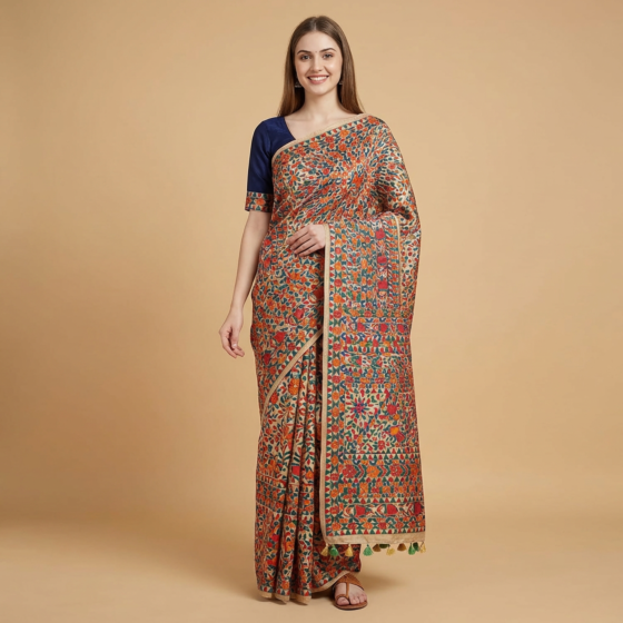 Hand-Painted Madhubani Kosa Tussar Silk Saree