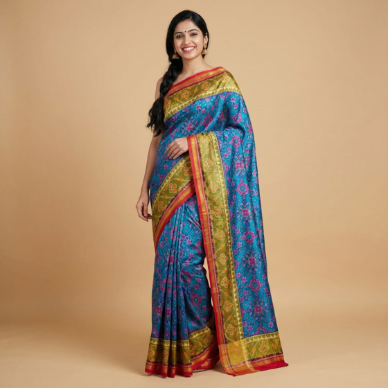 Handloom Single Ikat Mulberry Silk Blue Saree