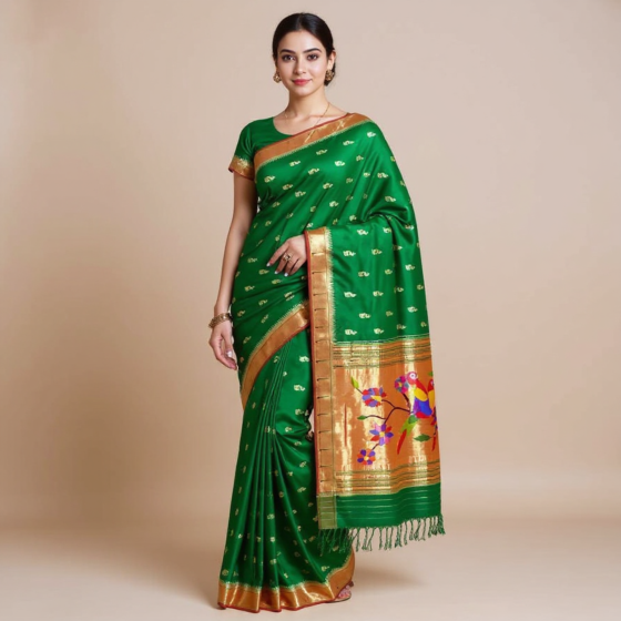 Gold Border Peacock Design Green Paithani Saree
