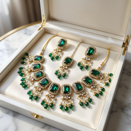 Handmade Kundan & Bead Green Bridal Jewellery Set