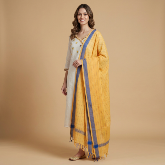 Handcrafted Unstitched Dress Material with Dupatta | Cream & Yellow
