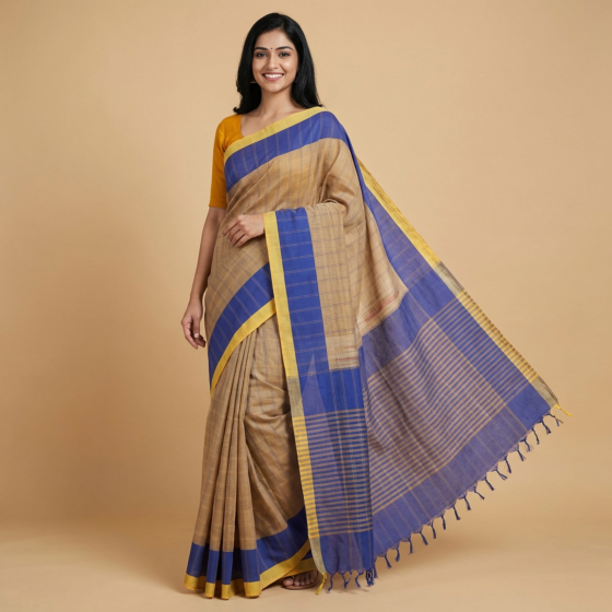Handloom Mangalagiri Cotton Yellow & Blue Saree