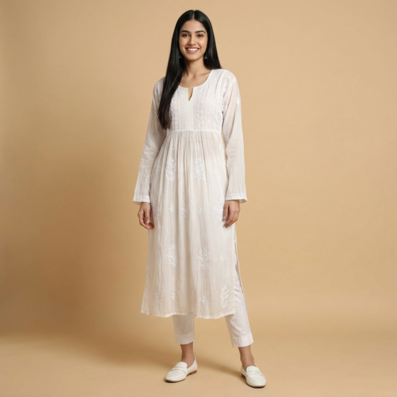 Handcrafted White Chikankari Long Kurti | XXL