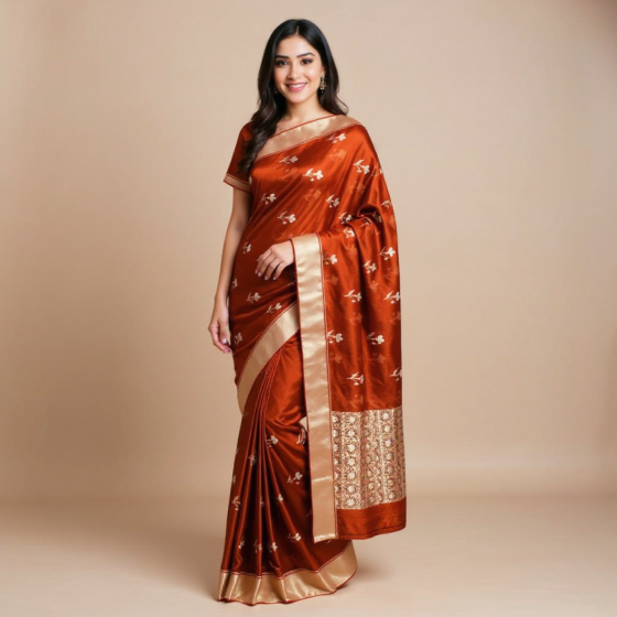 Chanderi Handloom Saree Maroon With Gold Zari Floral Pallu 6.25 mtrs Silk