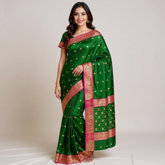 Chanderi Silk Green Saree with Zari Border and Meena Round Buti (6.25 meters)