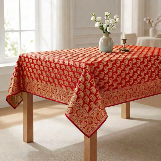 Handcrafted Brocade Silk Table Cloth | 1 x 1 Metre | Red
