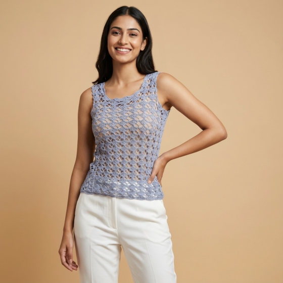 Hand-Crocheted Grey Top | XL