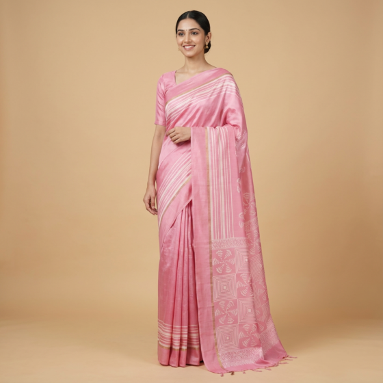 Handblock Print Viscose Silk Pink Saree