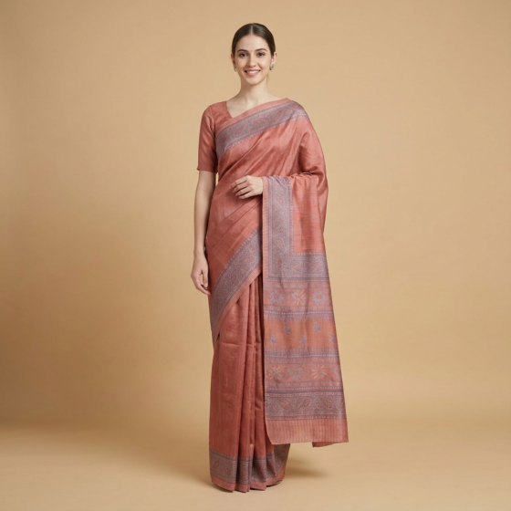 Handblock Print Tussar Silk Pink Saree