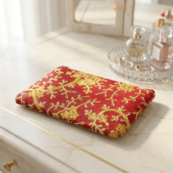 Hand-Embroidered Red Silk Pouch