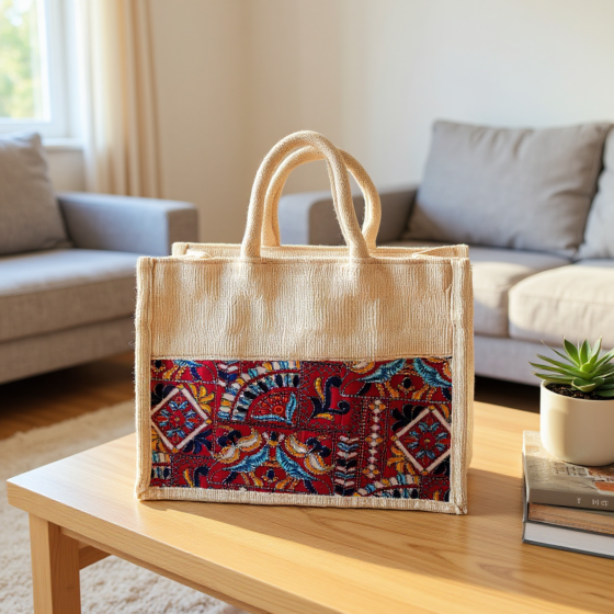 Handcrafted Jute Lunch Bag with Kutch Embroidery I Multicolour