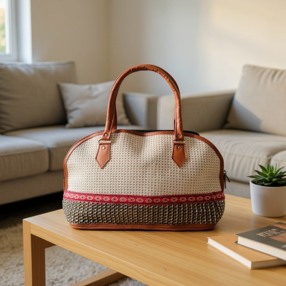 Handcrafted Jute & Leather Tote Bag I  Off white