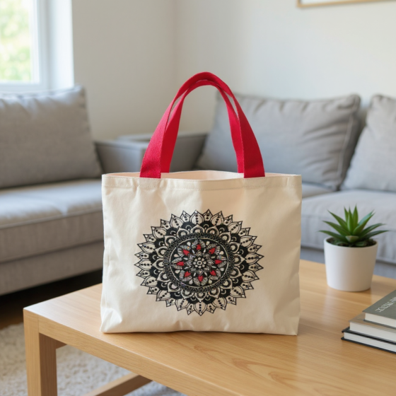 Handmade Khadi Tote Bag with Black & Red Mandala Print I Off White