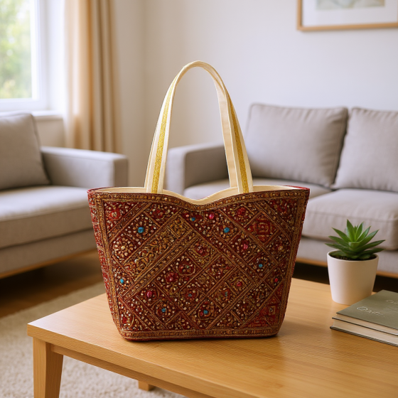Handmade Jari Zardozi Dabka Embroidered Tote Bag for Women | Ethnic Patchwork Shoulder Handbag | Traditional Party &  Bag