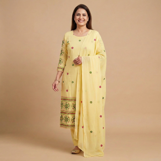 Hand-Embroidered Punjabi Cotton Suit | Yellow