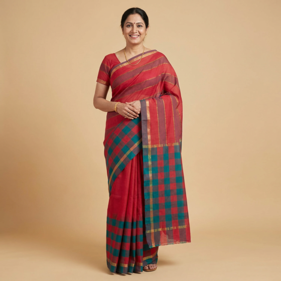 Handmade Checked Poly Cotton Saree|Multicolour