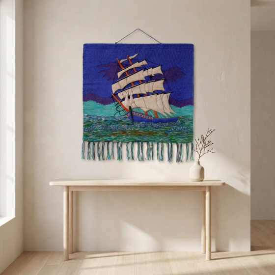 Handwoven Embroidered Sailing Ship Seascape Wall Hanging | 100x100 inches