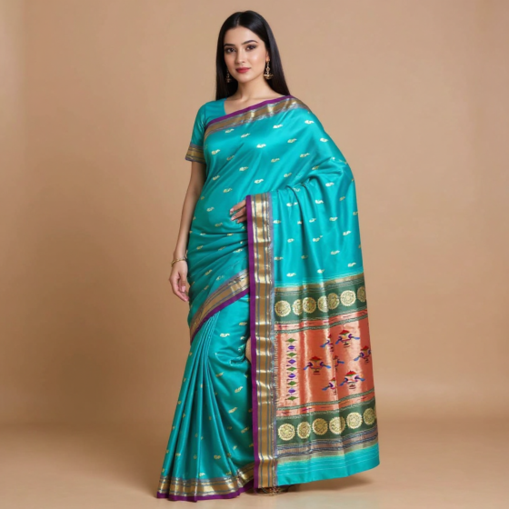 Pure Silk Turquoise Paithani Saree | 243 x 48 Inches