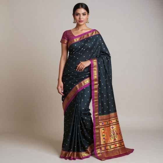 Handloom Silk Buti Design Black Saree | 243 x 48 Inches