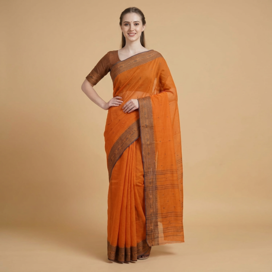 Handloom Cotton Orange Saree 