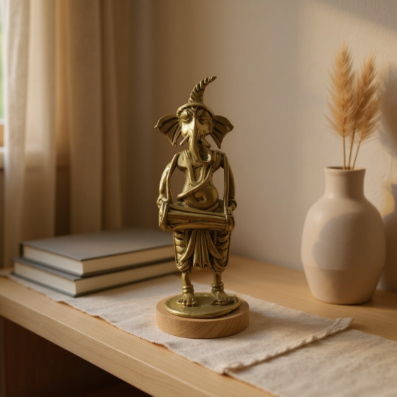 God 4-inch musical Ganesh with Madal- GI Certified Bengal Dokra