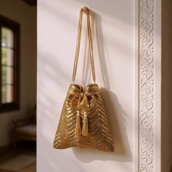 Party Wear Cut Dana Ethnic Potli Bag | Golden