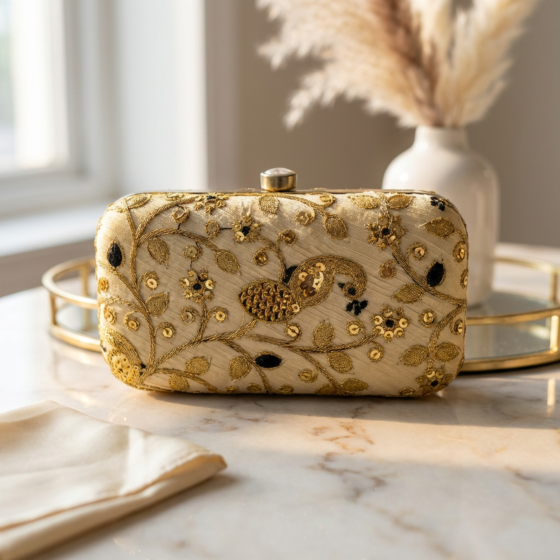 Hand-Embroidered Cream Clutch