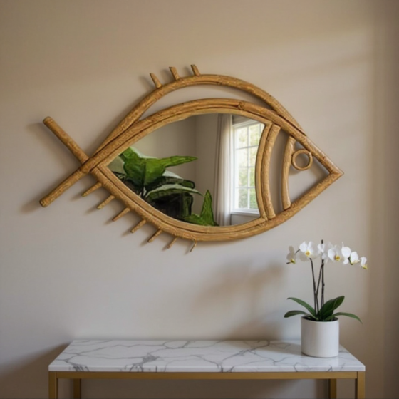 Decorative Fish Shaped Rattan Wall Mirror | 20x23x1.5 Inch 