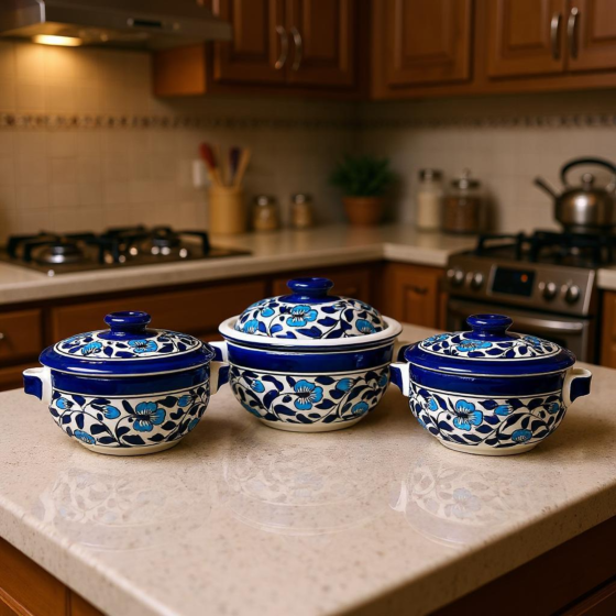 Handmade Ceramic Donga/Casserole | Blue Pottery | Set of 3