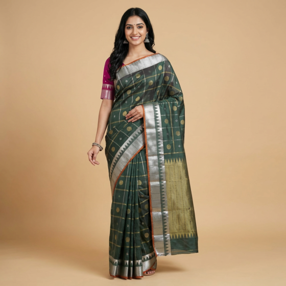 Handloom Madanapalle Silk Saree | Olive Green