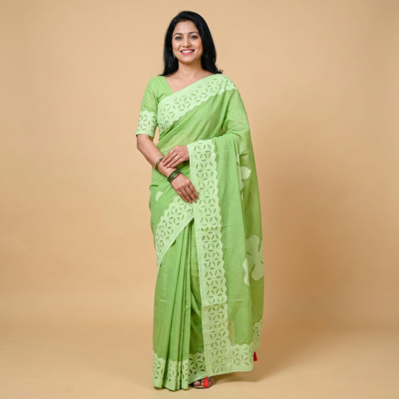 Handcrafted Cotton Applique Green Saree