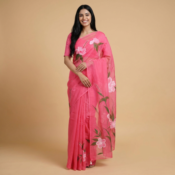 Hand-Painted Floral Pink Organza Saree