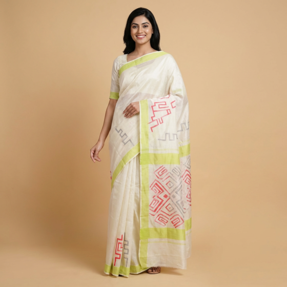 Hand-Painted Tissue Silk White Saree