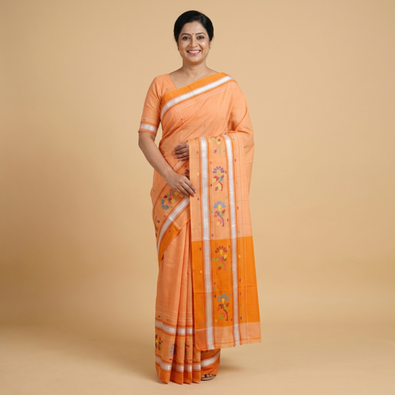 Handloom Chedi Butta Viscose Blend Saree | Orange