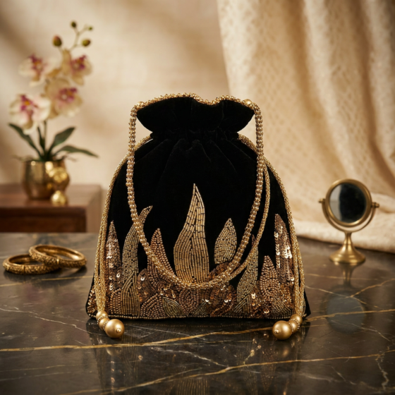 Hand-Embroidered Zari Potli Bag | Black