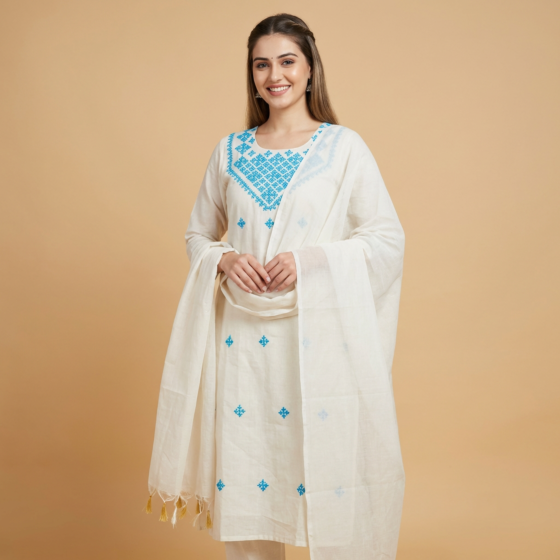 Handcrafted Sindhi Work Unstitched Suit Set|Cream