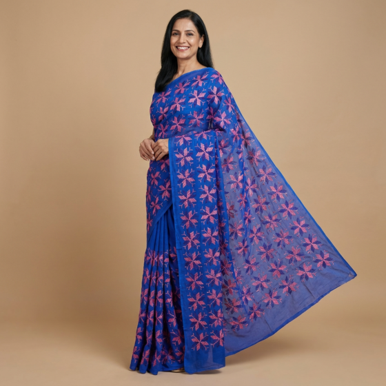 Handcrafted Traditional Phulkari Saree |Blue