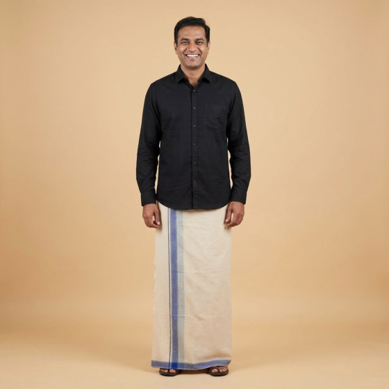 Handloom Dhoti with Blue Border | Cream