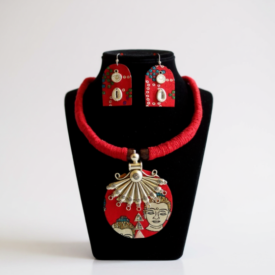 Hand-Painted Tribal Paintings Necklace & Earrings Set | Red