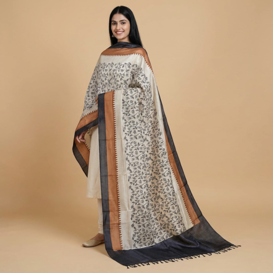 Handwoven Tussar Silk Dupatta | Beige & Black